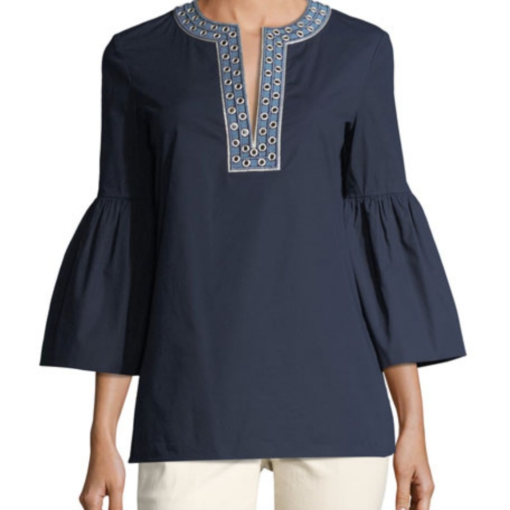 Tory Burch Navy Blue Ariana Bell Sleeve Tunic